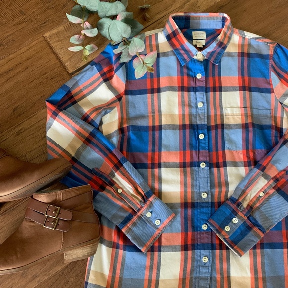 J. Crew Tops - J.Crew Blue Orange Plaid Button Down Perfect Fit Shirt Women's Size Medium